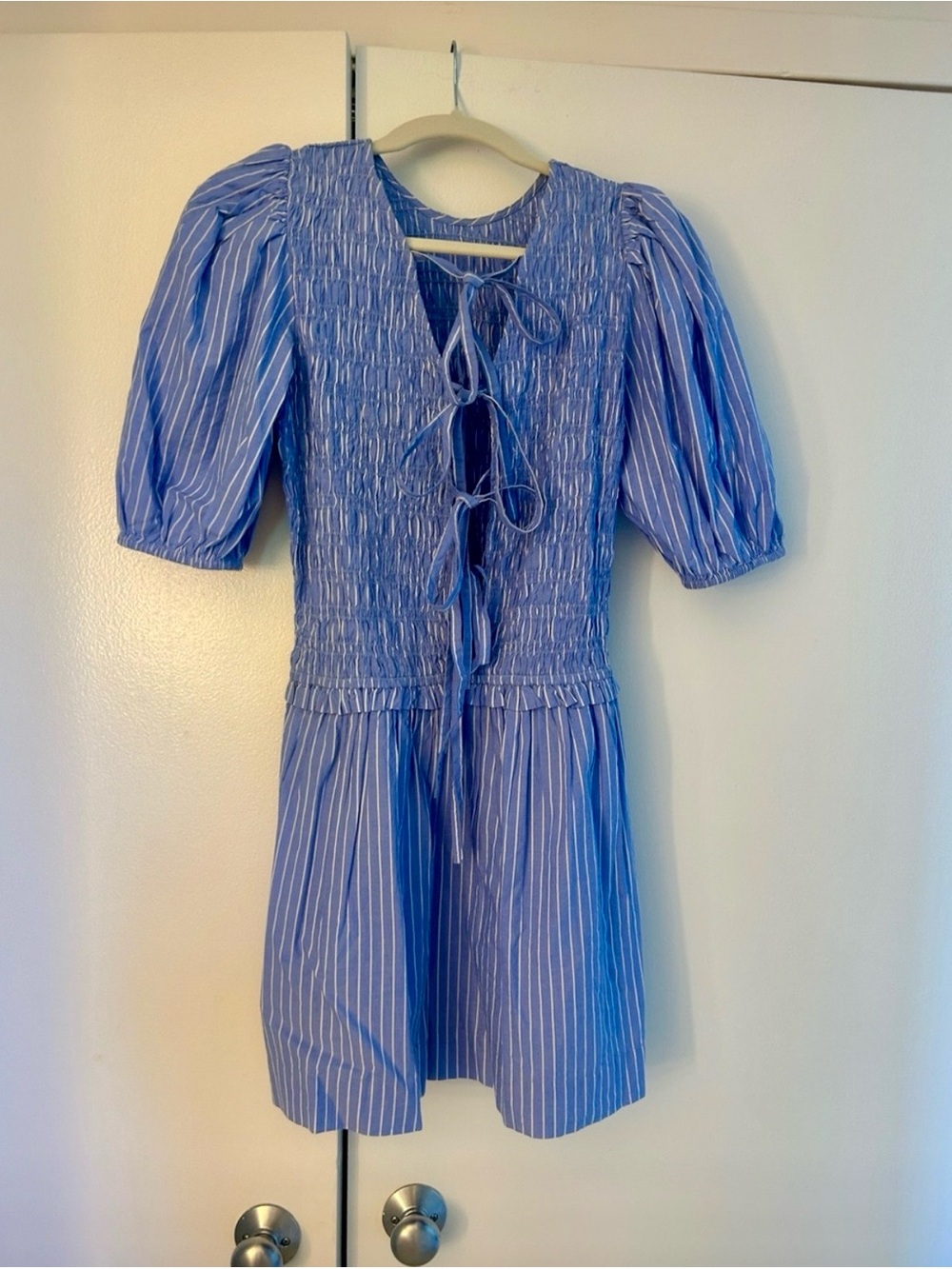 Damson Madder Striped Blue Smocked Mini Dress with Puff Sleeves